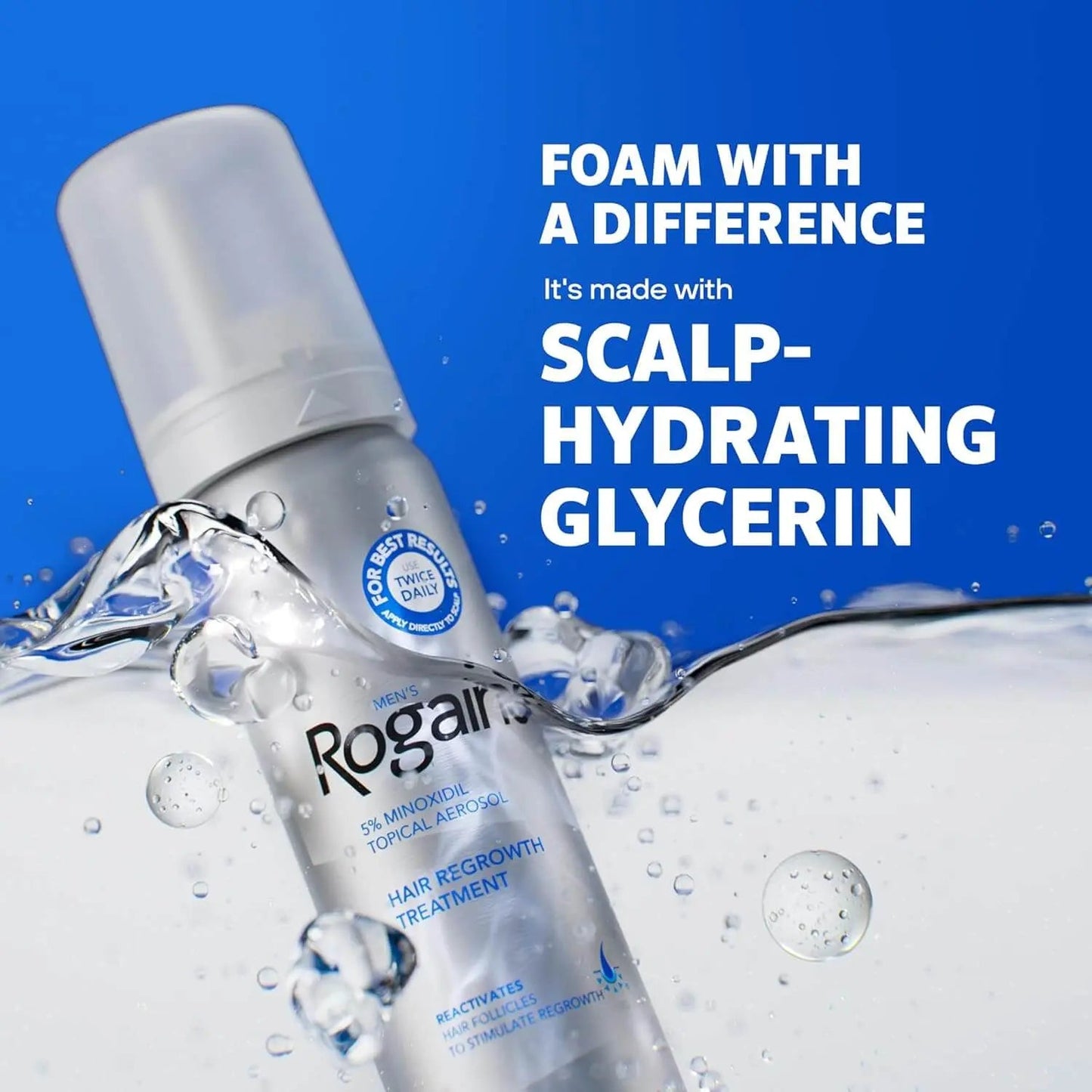Rogaine hair regrowth treatment bottle with water droplets on a blue background