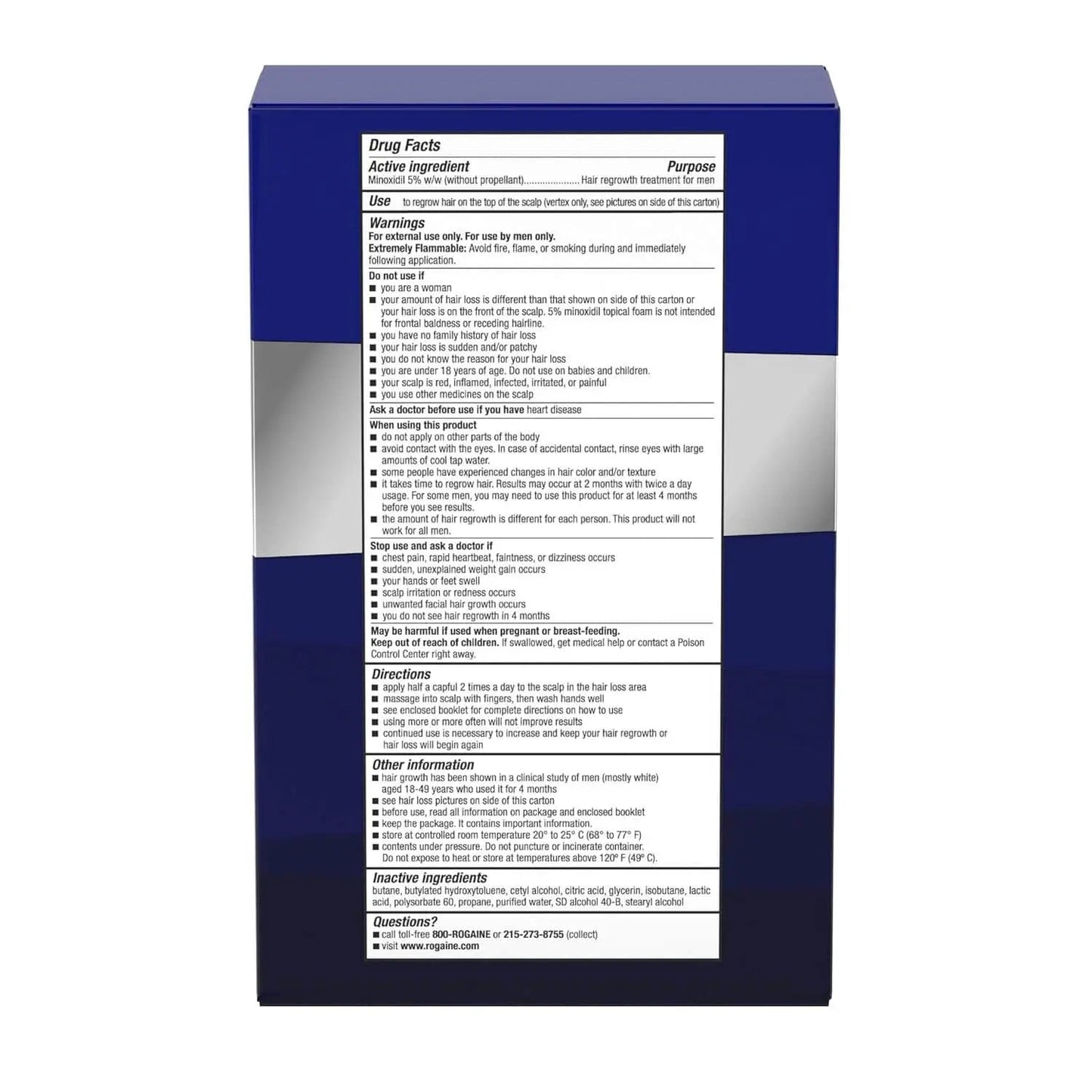 Back of Rogaine Minoxidil 5% Topical Foam Hair Regrowth Treatment box showing drug facts, directions, and ingredients for 3-month supply.