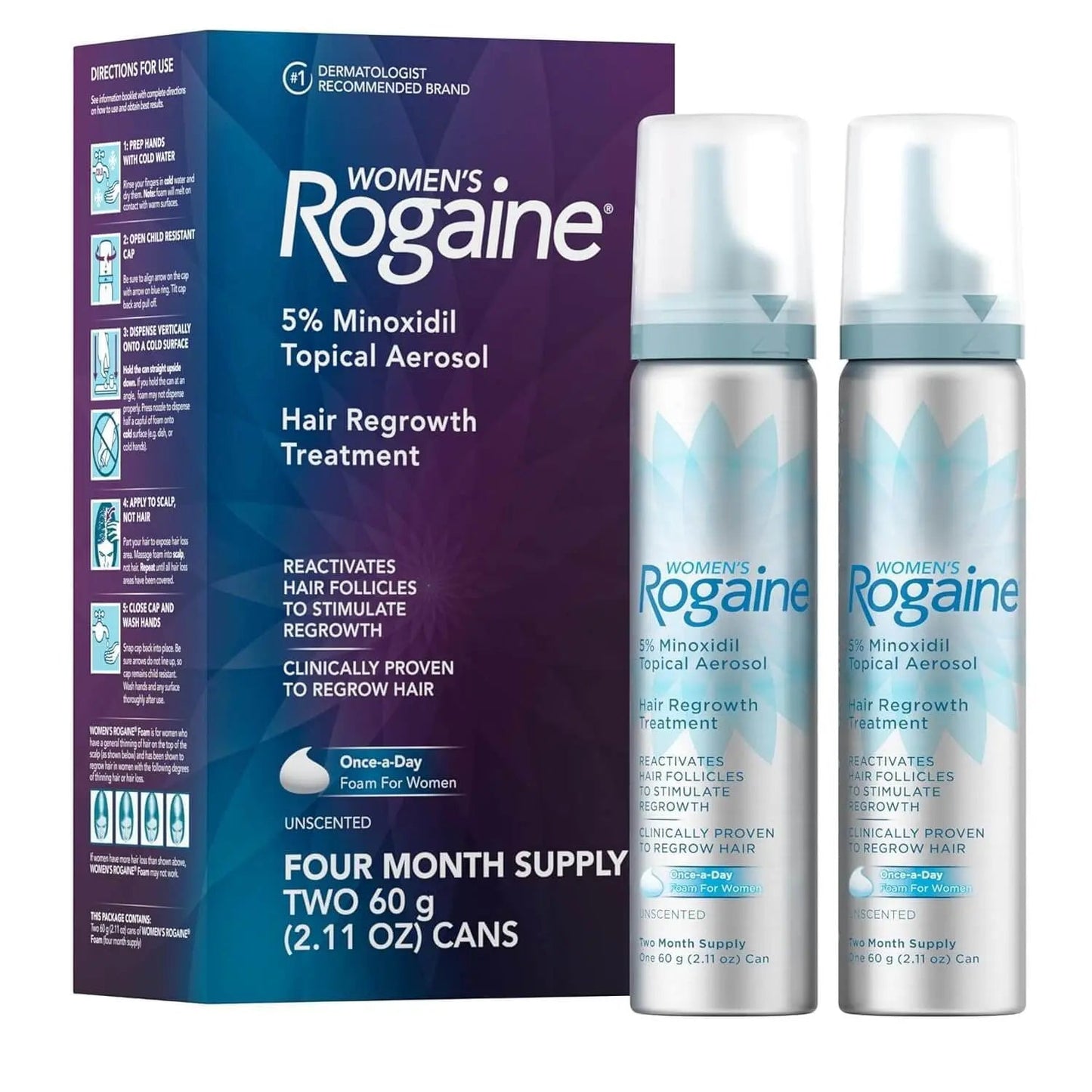 Women's Rogaine hair regrowth treatment packaging and bottles on a white background