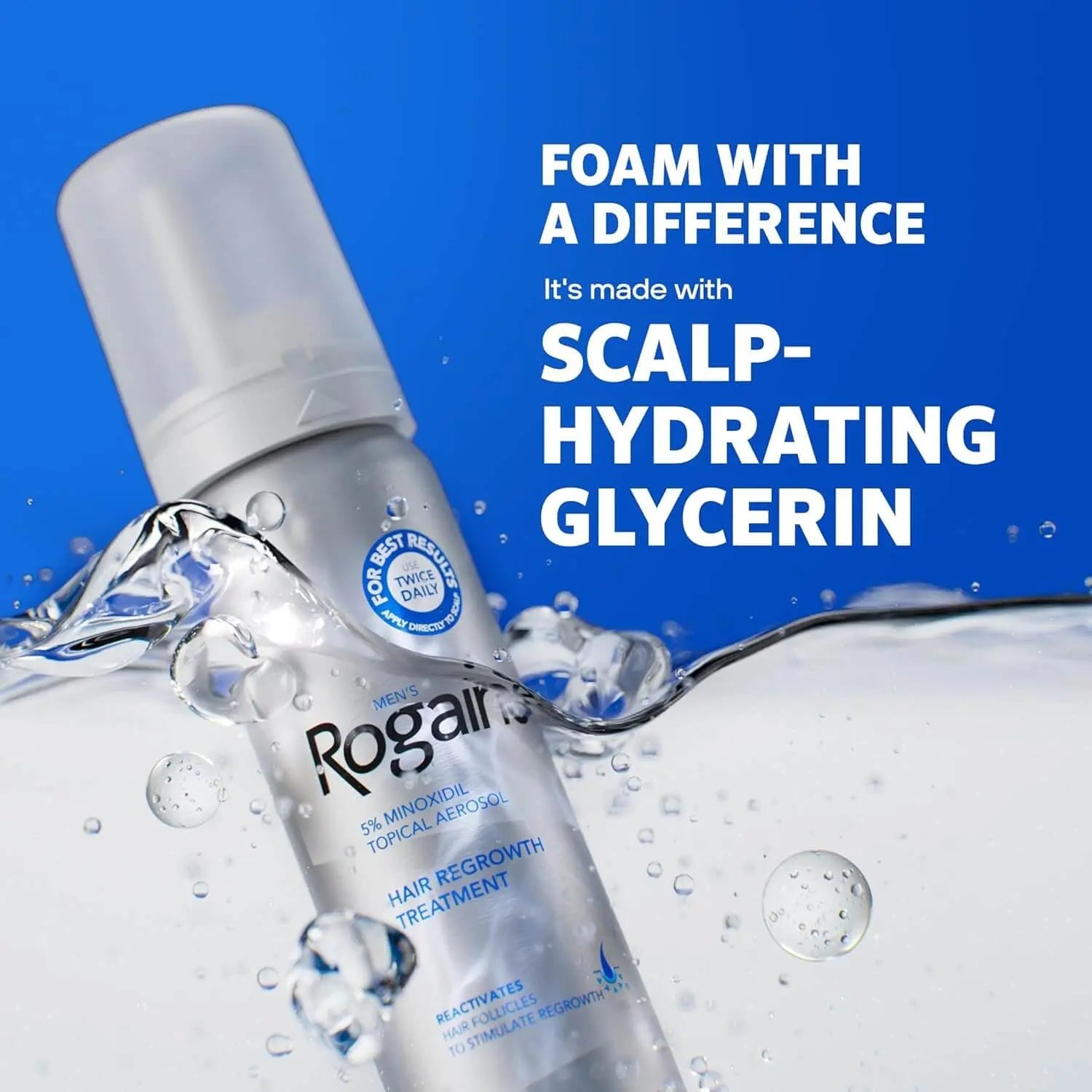 Rogaine hair regrowth treatment bottle with water droplets on a blue background