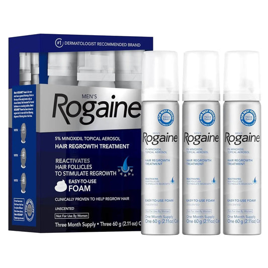 Men's Rogaine hair regrowth treatment packaging and bottles on a white background