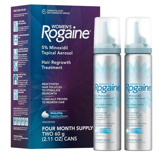 Women's Rogaine hair regrowth treatment packaging and bottles on a white background