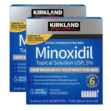 Two boxes of Kirkland Minoxidil Topical Solution for men on a white background