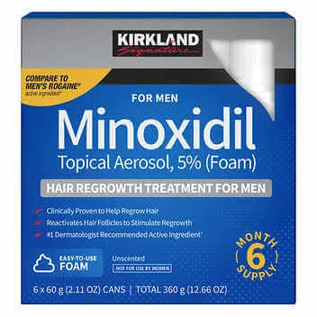 Kirkland Minoxidil topical aerosol packaging for men on a white background